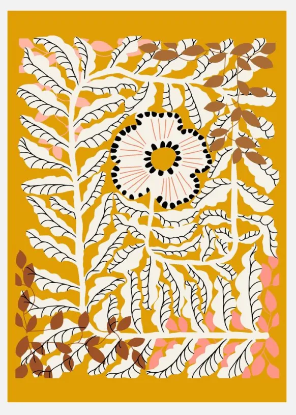 Fern Leaves And Flower Mustard Canvastavla (30x40 cm)