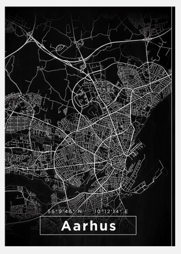 Karta - Aarhus - Svart Canvastavla (30x40 cm)