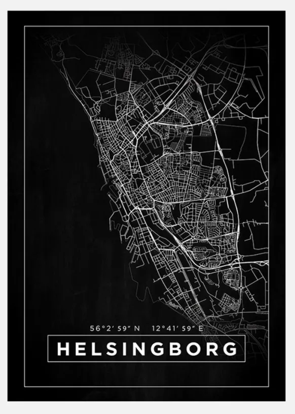 Karta - Helsingborg - Svart Canvastavla (30x40 cm)