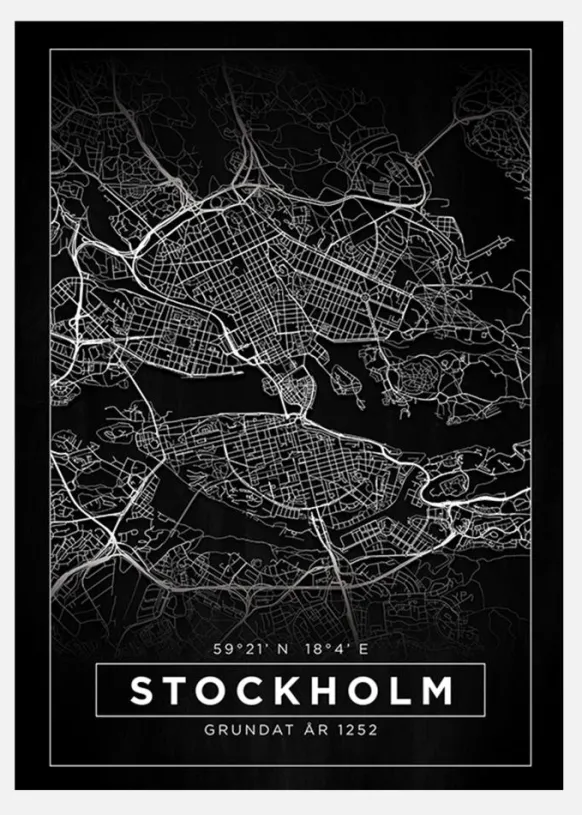 Karta - Stockholm - Svart Canvastavla (30x40 cm)