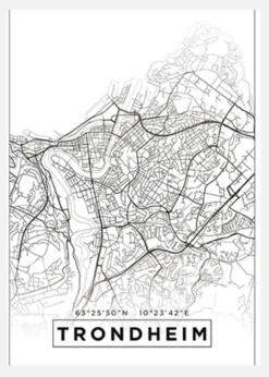 Karta - Trondheim - Vit Canvastavla (30x40 cm)