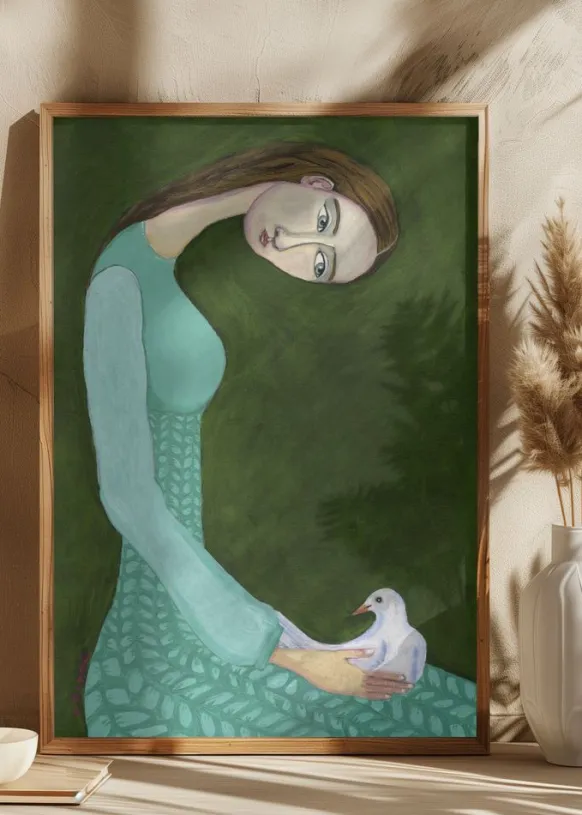 Lady sitting with white dove bird woman Poster (21x29.7 cm (A4))