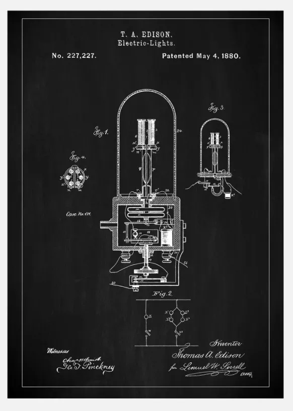 Patent Print - Edison Light - Black Canvastavla (30x40 cm)