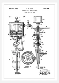 Patent Print - Portable Cold Beer Dispenser - White Canvastavla (30x40 cm)