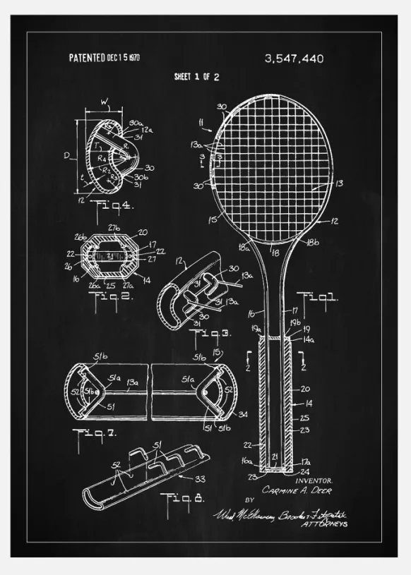 Patent Print - Tennis Racket - Black Canvastavla (30x40 cm)