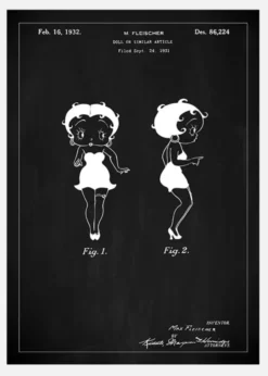 Patentritning - Betty Boop - Svart Canvastavla (30x40 cm)