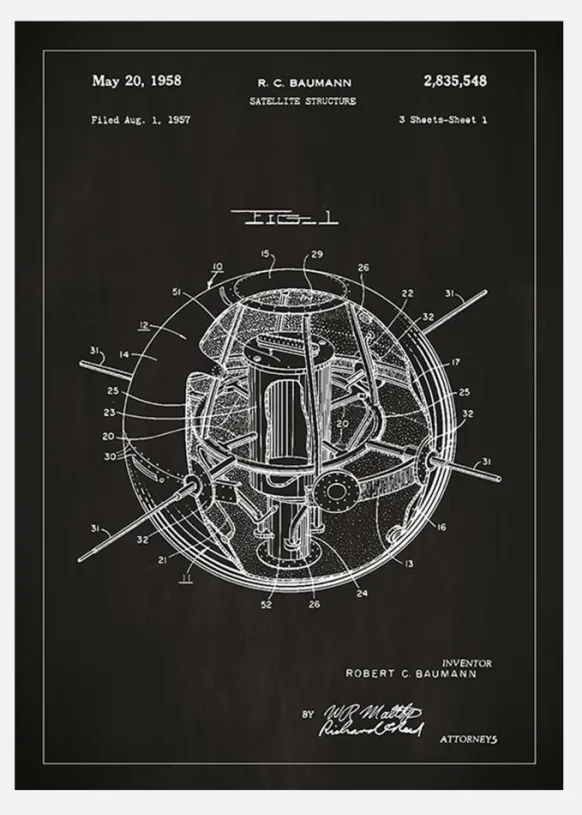Patentritning - Satellit - Svart Canvastavla (30x40 cm)
