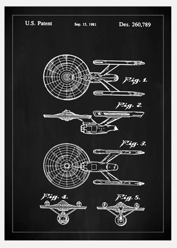 Patentritning - Star Trek - Uss Enterprise - Svart Canvastavla (30x40 cm)