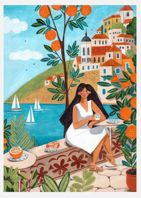 Travel Woman In Mediterranean Coast Canvastavla (30x40 cm)